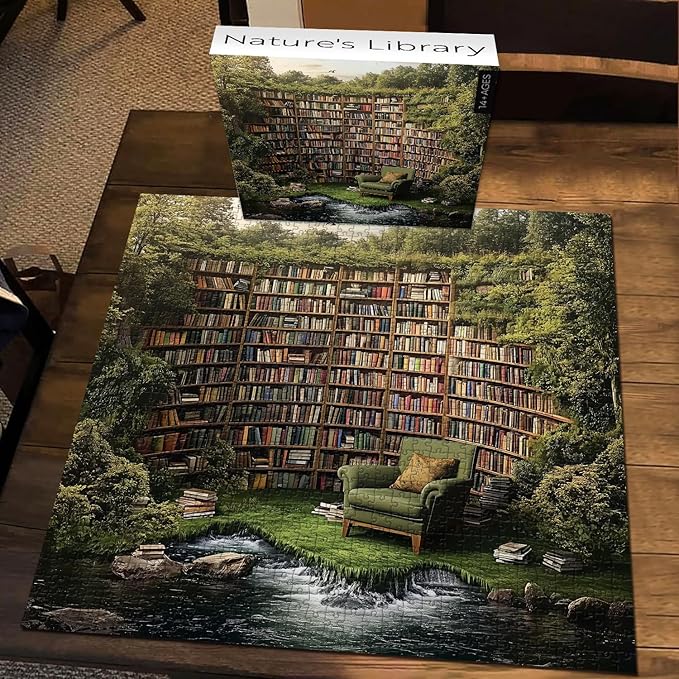PICKFORU Natural Library Puzzles for Adults 1000 Pieces, Vintage Forest Bookshelf Jigsaw Puzzles, Challenging Landscape Puzzle for Book Lover