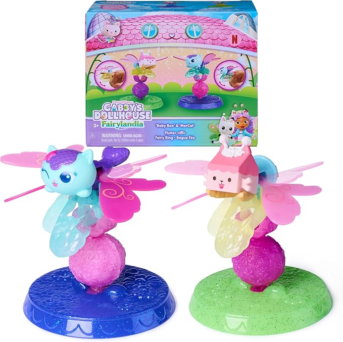 Gabby's Dollhouse Fairylandia, Baby Box & Mercat Flutter-riffic Fairy Rings 2-Pack with Display Stands, Kids Toys for Girls & Boys Ages 3 and Up