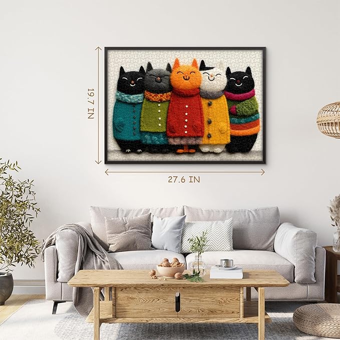 Cat Puzzle for Adults,Cozy Cat Art Jigsaw Puzzle 1000 Pieces, Cute Colorful Kitten Puzzles Embroidery Style, Funny Whimsical Cat Puzzle Kitty Challenge