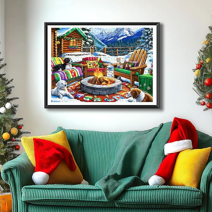 Blueforest 500 Piece Puzzle for Adults, Winter Cabin Fire Pit Jigsaw Puzzle - Dogs, Cat & Cozy Outdoor Seating, 23x15 Inch Art Puzzle