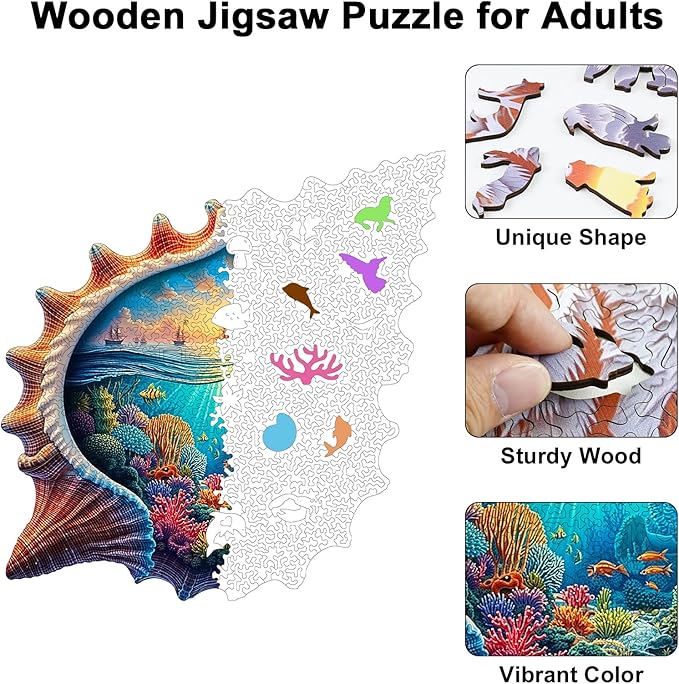 Wooden Puzzles for Adults, 210 Pieces Unique Seashell Shaped Wooden Jigsaw Puzzle, 3D Underwater & Sea Surface Pattern Wood Puzzle, Easter Gift for Mom, for Adult Puzzle Lovers
