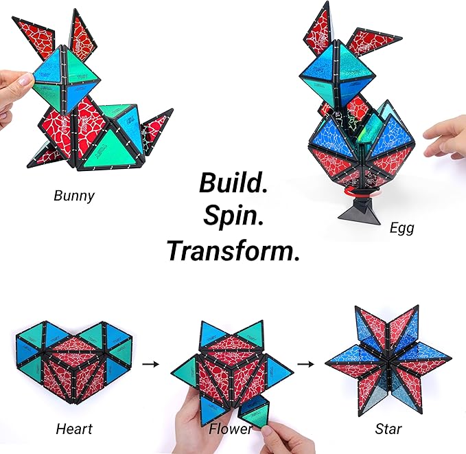 TOSY Magnet Pyramid Stone - 1 Cube Transforms into 1 Billion Shapes (Bunny, Egg, Flowers, Heart), Easter Basket Stuffers Gift, 12 pcs, 243 Magnets, Holographic Design, Puzzle/STEM Toy, 4-Pack