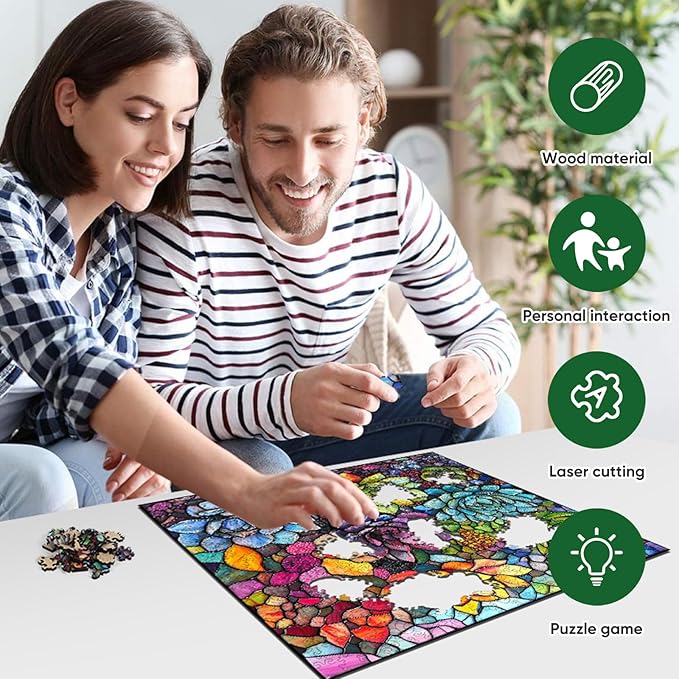 Delobi Stained Glass Puzzle Succulent Wooden Puzzles for Adults 200 Pieces, Unique Challenging Jigsaw Puzzles Gift for Friends Family Game Medium Size 11.2'' x11.2''
