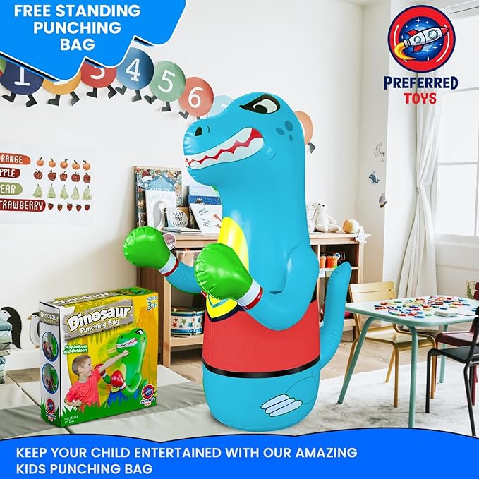 47" Inflatable Dinosaur Punching Bag for Kids - Durable Blow Up Kids Punching Bag with Bounce Back Base - Inflatable Indoor Outdoor Active Toddler Bop Play Toy