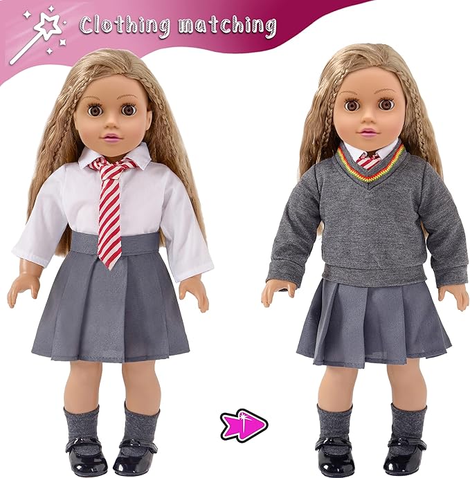 18 Inch Doll Clothes - 8 Pcs Inspired Magic School Costume Uniform Outfit, Doll Accessories with Magic Wand & Robes, Gift for Girls (No Doll)