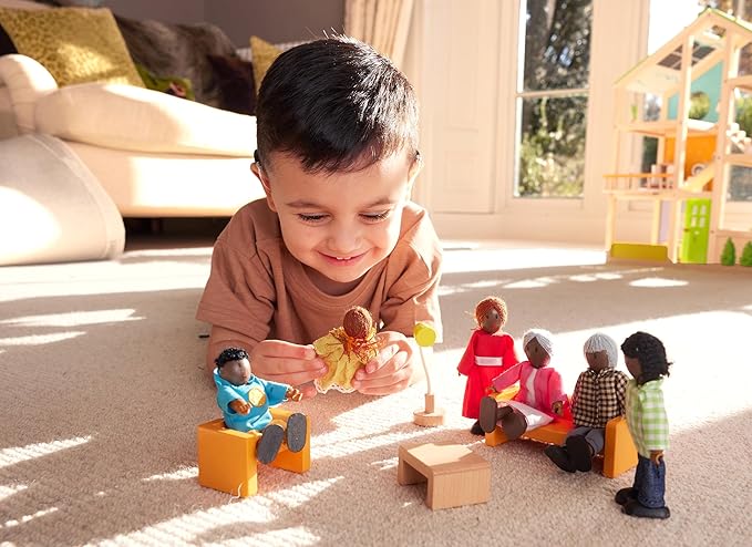 Hape African American Wooden Doll House Family| Dollhouse People Set of 6 Action Figure Set| Wire Adults: 4.3" H; Kids: 3.5" H