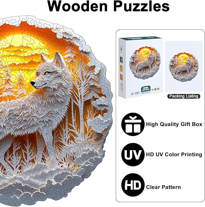 Wooden Puzzles for Adults, 210 Pieces White Wolf Sunset Forest Circular Jigsaw Puzzle, Unique Shaped Laser Cut Wood Art Puzzle, Easter Gift for Mom, for Nature Lovers