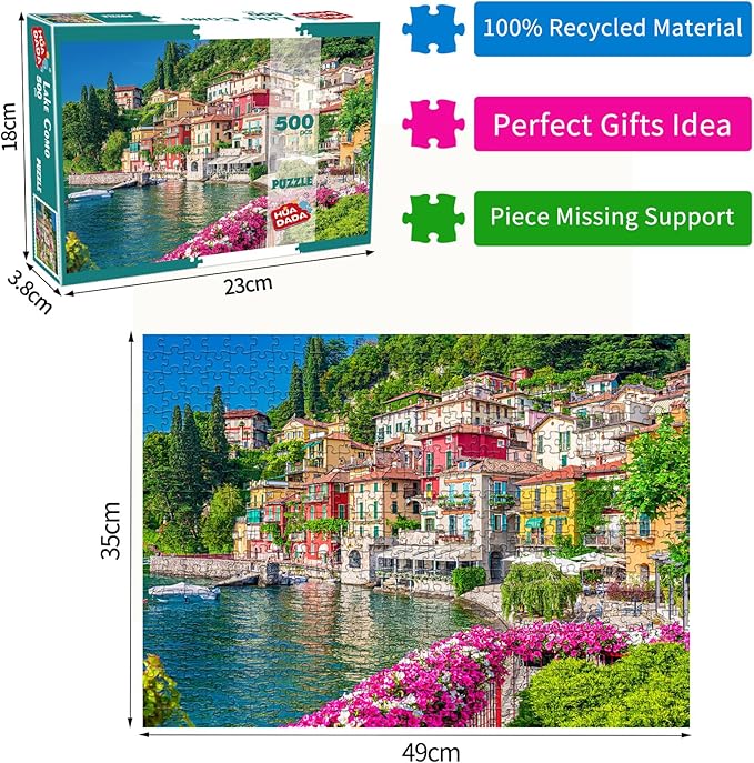 500 Piece Jigsaw Puzzle for Adults -Lake Como Scenery, Italy Jigsaw Puzzles 500 Pieces Puzzles for Adults-Finished Size 19.3" x 13.7"