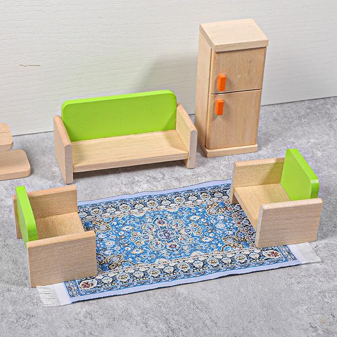 Dollhouse Rug 2 PCS Miniature Dollhouse Accessories 1:12 Scale Vintage Doll House Rugs Woven Mini Rug for Dollhouses Furniture Blue & Yellow Floral Print Carpet for Doll House Floor Decor