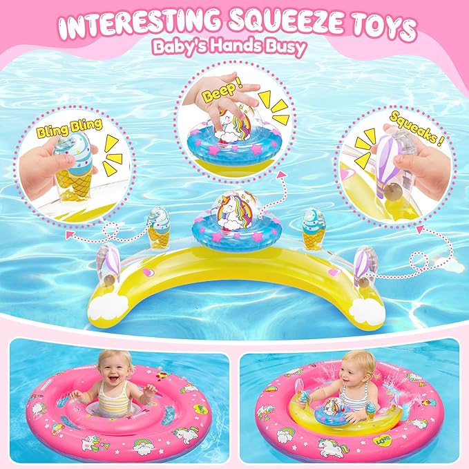 Baby Pool Float with UPF50+ Sun Protection Canopy, Inflatable Unicorn Baby Swim Float with Double Air Chambers, Adjustable Safety Seat & Toy Console Toddler Pool Float for 6-36 Months Boys Girls