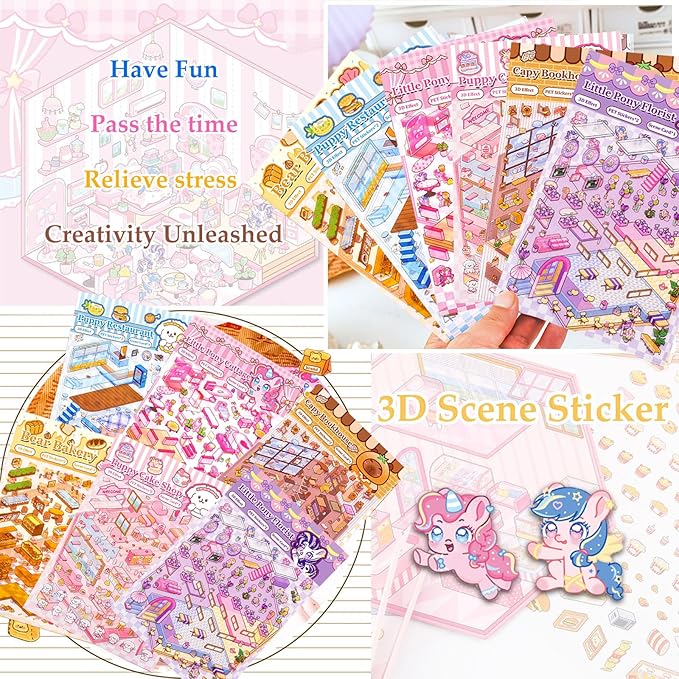 DIY 3D Sticker Scenes for Girls, 6 Sets Make Your Own Scene Stickers for Kids, Cute Kawaii Scene Stickers, Therapy Stickers for Stress Relief, Holiday Christmas Activity, Easter Basket Stuffers