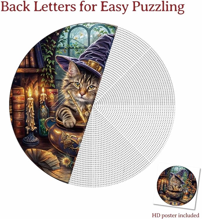 1000 Piece Puzzle for Adult, Magic Feline Art Jigsaw Puzzle 1000 Pieces, Impossible Challenging Fun Puzzle for Adult, Round 26.6 x 26.6 Inch Unique Difficulty Puzzle for Birthday Gift