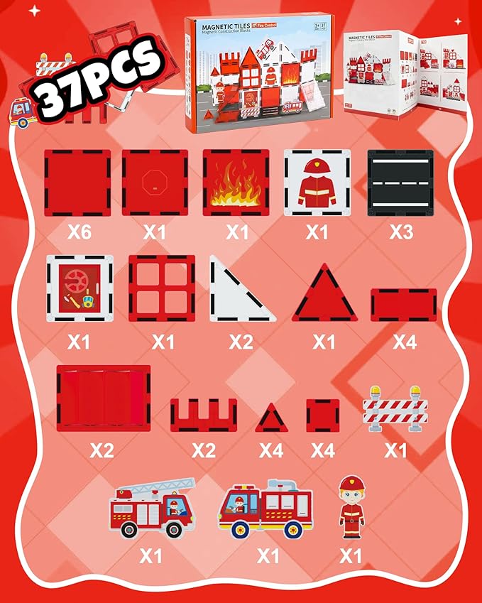 Magnetic Tiles for Kids Ages 3+, Fire Rescue Magnetic Tiles Building Blocks with Rescue Scene Pieces, Firefighter Elements & Accessories, STEM Toys for Toddlers, Ideal Gift for Boys and Girls