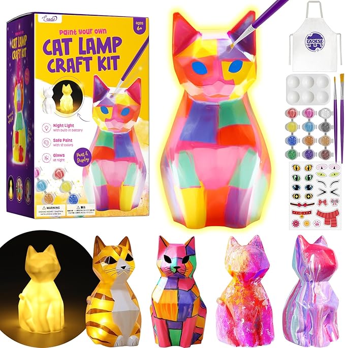 Paint Your Own Cat Lamp Kit, Arts and Crafts for Kids Ages 8-12, Art Supplies Painting kit for Kids 6-12, Cat Night Light Toys Girls Boy Birthday Easter Gifts for Kids Ages 3 4 5 6 7 8 9 10 11 12+