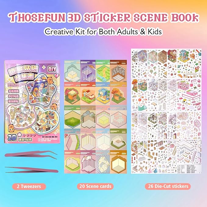 Fieoriia 3D Sticker Book Scene, 20 Sets DIY Miniature World Craft Kit, Art Therapy Activity for Adults, Kids, Family Fun