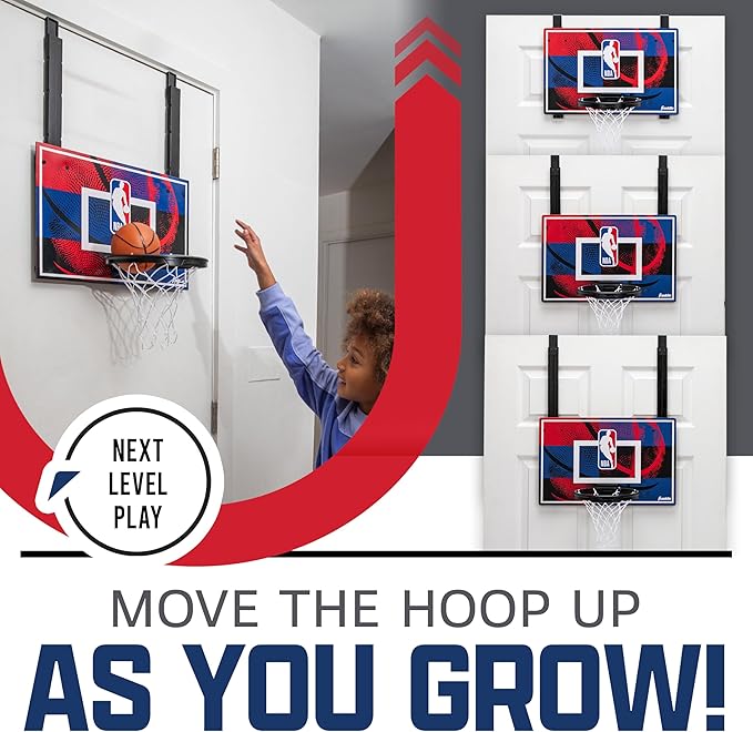 Franklin Sports NBA Grow-with-Me Kids Mini Basketball Hoop Set - Over the Door Indoor Hoop for Kids - Includes (1) Adjustable Height Basket, (1) Mini Youth Basketball + Air Pump - Ages 3+