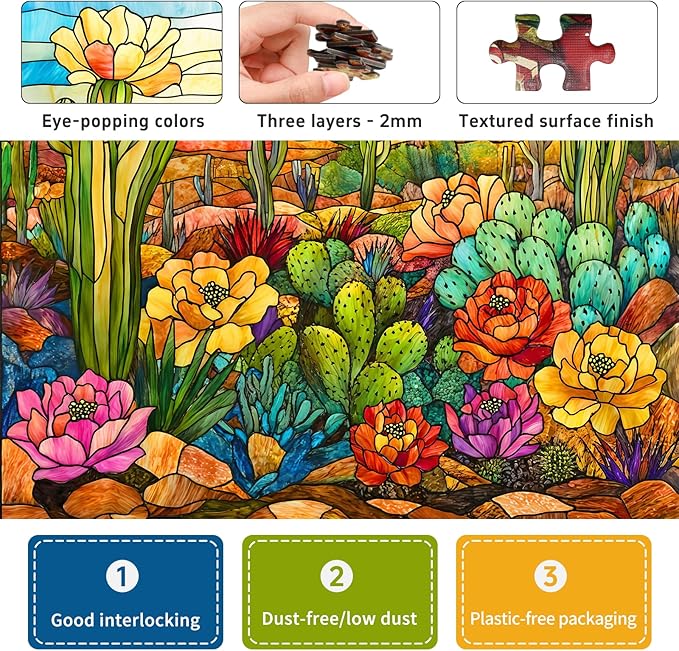 Stained Glass Cactus Jigsaw Puzzles for Adults 1000 Pieces, Difficult Puzzles Perfect for Game Night, Great Gift Idea, Size 24x24 in