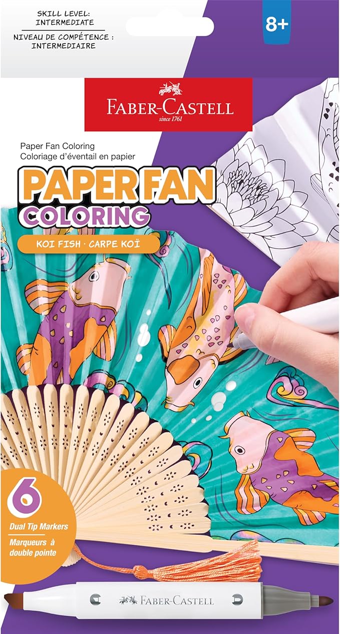 Faber-Castell Paper Fan Coloring Kit: Koi Fish | Folding Fans with Dual-Tip Markers & Pre-Printed Designs | Relaxing DIY Craft, Kids Activities and Easter Basket Stuffers (2 Fans, 6 Markers)