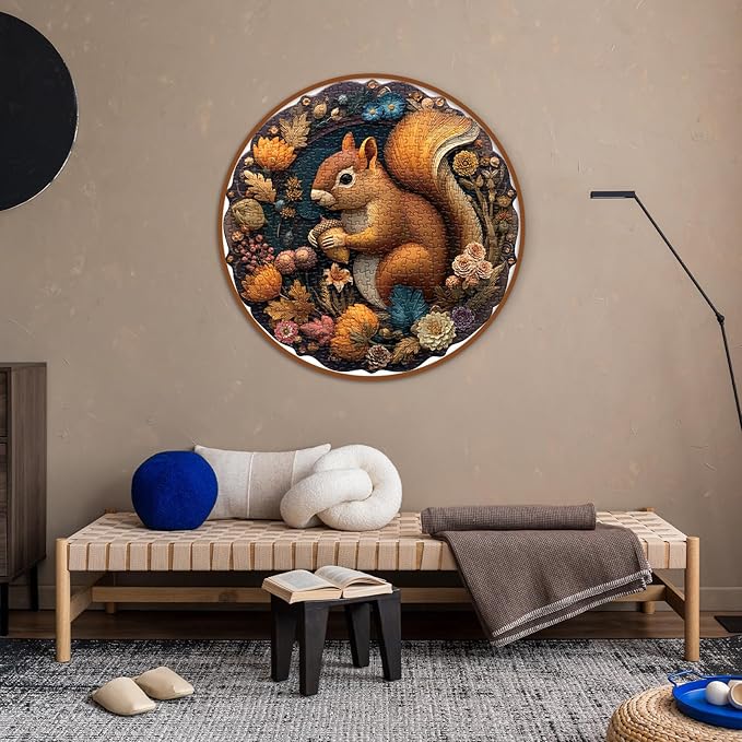 Flower Squirrel Puzzle for Adults 1000 Pieces, Cute Animal Jigsaw Puzzle, Round Colorful Fall Autumn Plant Floral Puzzle