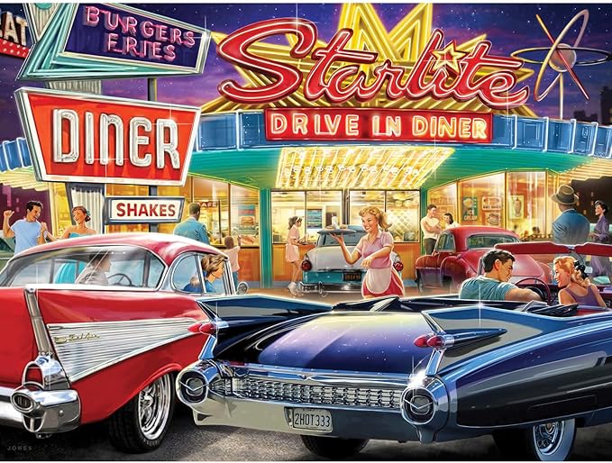Bits and Pieces – 500 Piece Jigsaw Puzzle for Adults – 50s Starlite Diner - Classic Cars Drive in Jigsaw Puzzle by Larry Jones, Completed Puzzle Size: 18" x 24"