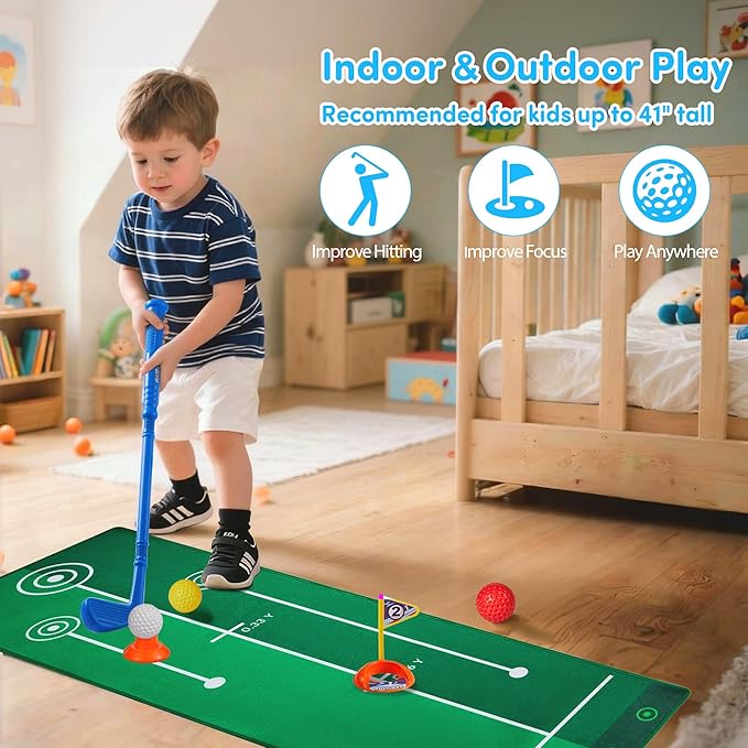 PJG Toddler Golf Set with Mat, Plastic Kids Golf Clubs Ages 1 2 3 4 5 Years Old with 4 Golf Clubs and 10 Balls, Toddler Golf Toys with Cart for Boys and Girls Birthday (Blue)