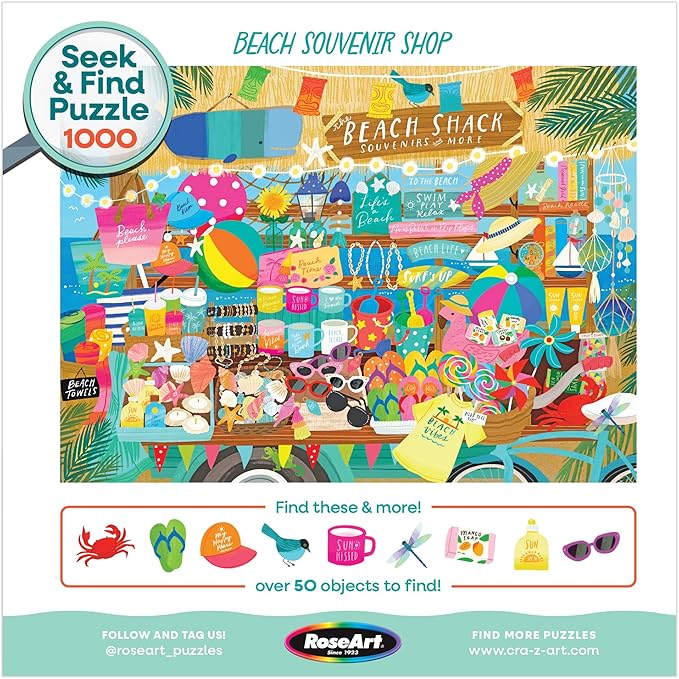 RoseArt - Seek & Find - Beach Souvenir Shop - 1000 Piece Jigsaw Puzzle for Adults, Hidden Object Puzzle, Coastal Gift Shop Scene, Premium Puzzle with Bonus Poster