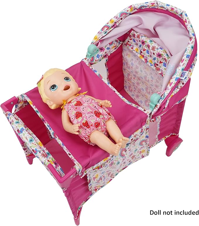 Baby Alive: Deluxe Doll Play Yard - Pink & Rainbow - Fits Dolls Up to 18", Retractable Canopy, Easy Maneuvering, Folds for Travel & Storage, Pretend Play for Kids Ages 3+