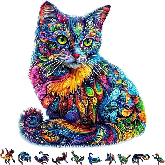 209pcs Wooden Jigsaw Puzzle for Adults – Colorful Cat Puzzle Gift for Cat Lovers, 12.2 x 13.9’’ Unique Animal Shape Wooden Puzzle, Artistic Cats Lover Gift for Women & Men (ColorCat)