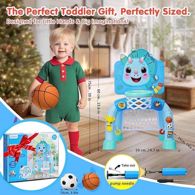 Toddler Basketball Hoop&Soccer Goal,Toys for 1 2 3 Year Old Boys,1+ Year Old Boy Gift 1st Birthday Chirstmas,Dinosaur Baby Sports Toy with Light Sound Music,12-18 Months Baby Activity Center