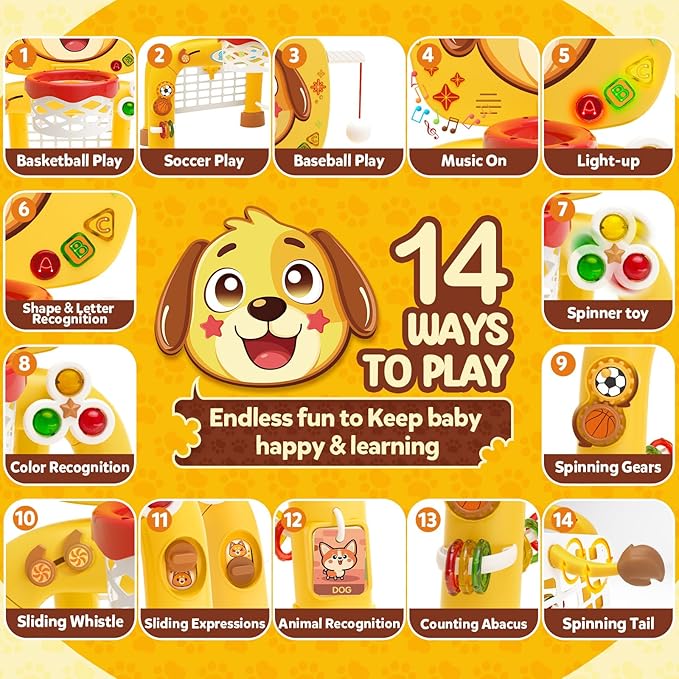 Toys for 1 Year Old Boy - Toddler Basketball Hoop & Soccer Goal & Baseball Activity Center with Light Sound Music, Puppy Montessori Sports Toy,Christmas Birthday Gift for Baby 12-18 Months,Dark Yellow