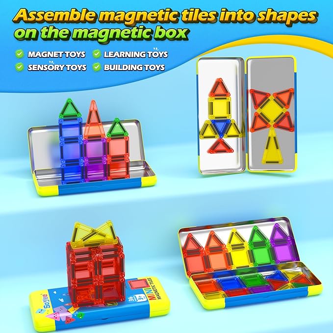 Soyee Mini Magnetic Tiles Travel Toddler Toys with Metal Tin Portable STEM Building Kids Toys for 3 4 5 6 7 8+ Years Old Boys & Girls & Birthday Gifts