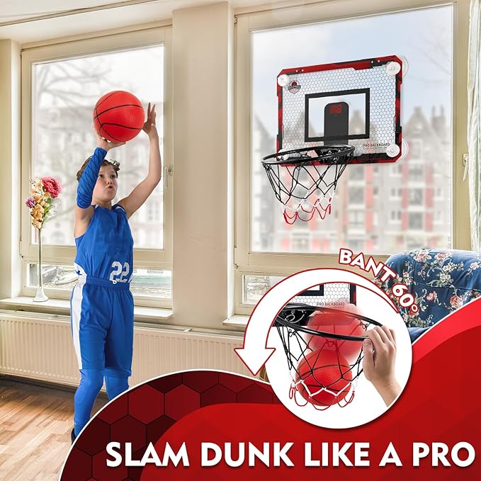 BOHEN Indoor Mini Basketball Hoops with Powerful Suction Cup, Stick to Windows, Wooden Doors, Smooth Walls - Basketball Backboard Indoor Bedroom Office for Kids Teens Adults