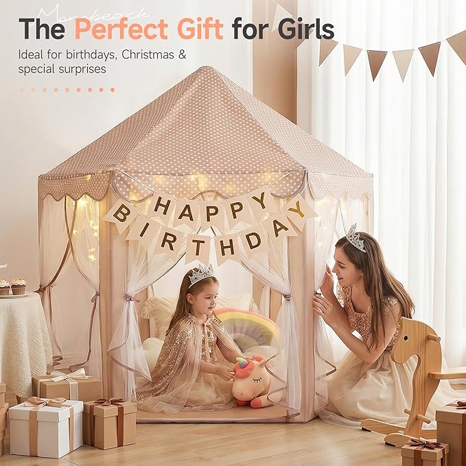 Monobeach Princess Play Tent for Girls: Brown Large Kids Castle Playhouse with Mesh Curtains & Star Lights - Indoor Outdoor Pretend Play Toys Tent - Cozy Reading Nook Gift for Toddlers & Kids