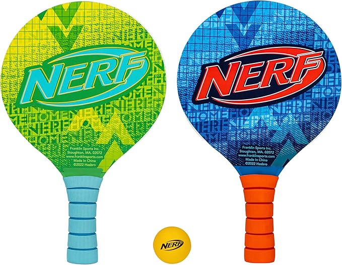 NERF Paddleball Set - Fun Paddleball Beach Game for Adults + Kids - Fun Outdoor Pool + Beach Water Sports Game - Includes (2) Wooden Paddles + (1) NERF Paddle Ball - Complete Set