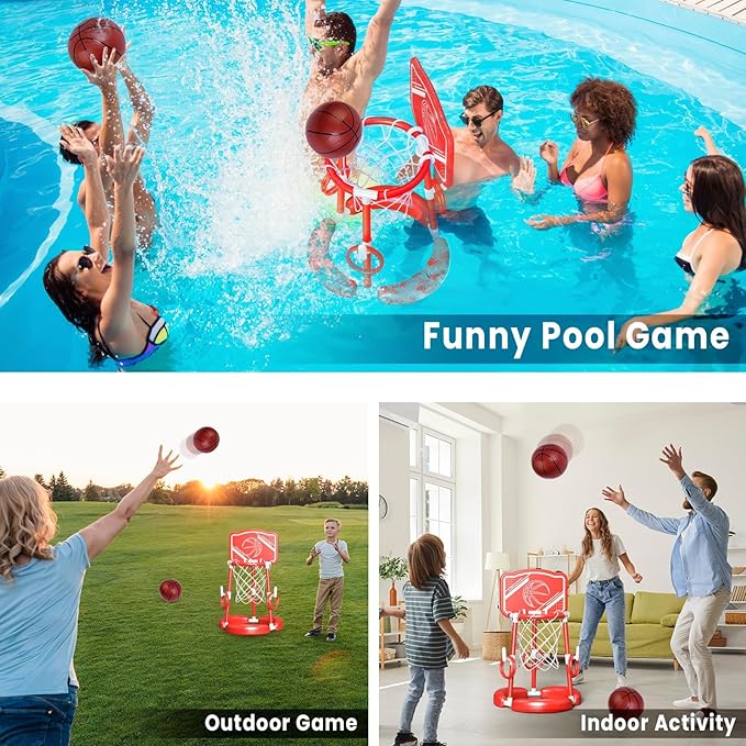 SpringFlower Pool Basketball Hoop with Backboard, Floating Basketball Pool Hoop,Kids & Adults Swimming Pool Game with Ring Toss, 2 Pcs Balls and Pump, Red