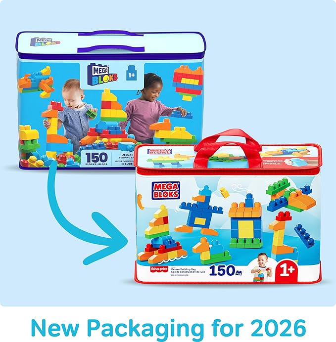 MEGA BLOKS First Builders Toddler Blocks Toys Set, Deluxe Building Bag with 150 Pieces and Storage, Creative Open-Ended Play, Blue, Ages 1+ Years (Amazon Exclusive)