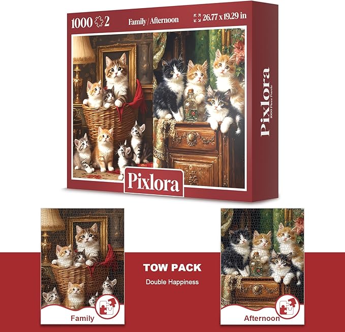 Cozy Cat Party Jigsaw Puzzles for Adults 1000 Pieces, 2-Pack Cute Kitten & Living Room Scene Puzzle, 1000 Piece Puzzle for Adults, Charming Home Decor, Purrfect Stress Relief