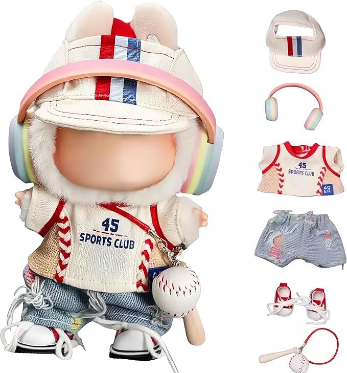 6 Set 17cm Doll Clothes, Clothes for Dolls Outfit, Accessories for 17cm Dolls Clothes Clothes Cap+Jersey+Jeans+Headphones+Sneakers+Bat & Ball, No Doll Included (Baseball Style)