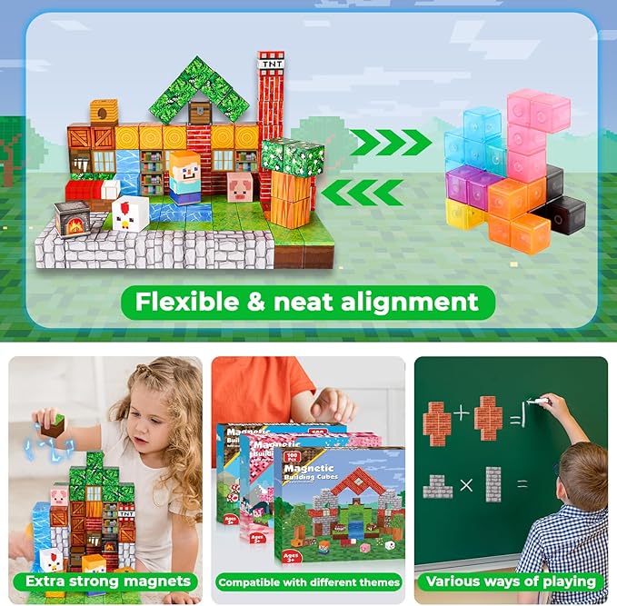 Magnetic Blocks - 100PCS Magnetic Building Blocks Cubes, Magnet Toys for Kids Age 3+, Toy Building Set for Kids, Magnets Stacking Construction Toys Easter Birthday Gifts for Boys Girls Age 4-8, 8-12