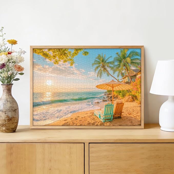 Tropical Beach Sunset 1000 Piece Puzzle for Adults - Coastal Paradise Art, Palm Tree Lounge Chair Scene, Poster & Lettered Back, 28"x20" HD, Gift for Travel & Relaxation Lovers