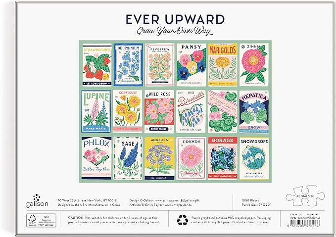Galison Ever Upward – 1000 Piece Puzzle Fun and Challenging Activity with Bright and Bold Artwork of Vintage Style Flower Seed Packets for Adults and Families