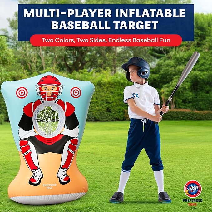 Inflatable Baseball Pitching Target for Kids 3 and Above - Double-Sided Throwing Toss Game with 4 Soft Balls - Indoor Outdoor Baseball Toys Training Equipment - Red/Blue