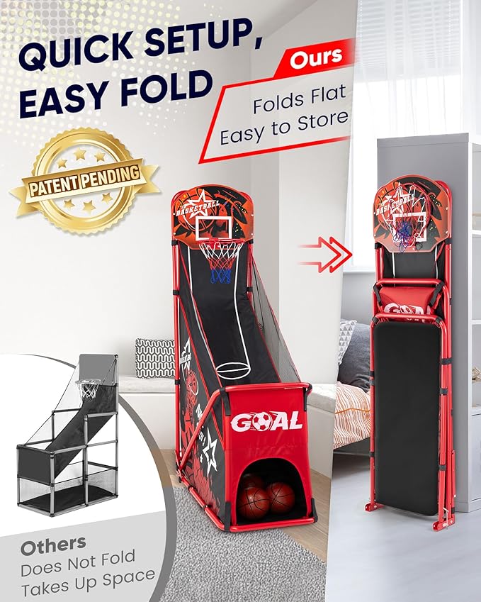 Basketball Arcade Game for Kids: Foldable Basketball Hoop Set with Soccer Goal- Portable Indoor Outdoor Sports Play Toy- Gift for Ages 3-12 Boys Girls- Air Pump and 3 Balls Included
