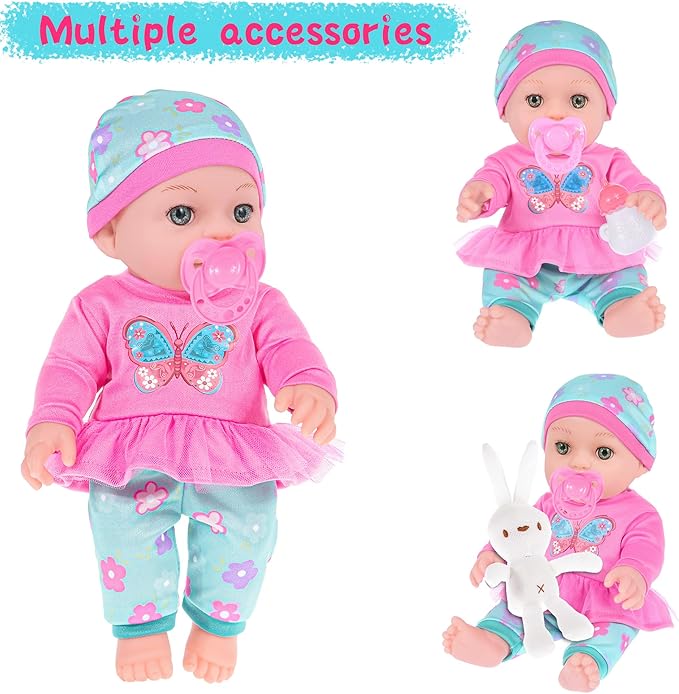 ebuddy 12 inch Baby Doll and Accessories-Reborn Baby Dolls Real Life Baby Dolls with 1 Sets Clothes,Carry Basket,Bunny Plush Toy,Pacifier, Bottle