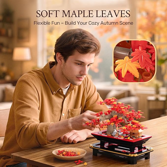 Wise Block Japanese Red Maple Bonsai Tree Building Toy Set for Adults - 900 Pcs Artificial Bonsai Tree Building Blocks for Adults, Easter Gift for Women Set Home Office Decor
