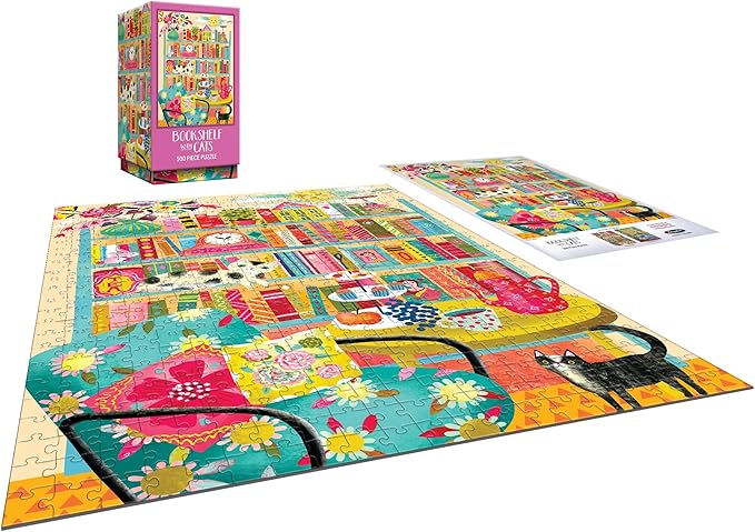 RoseArt - Vertical Visions - Bookshelf with Cats - 500 Piece Jigsaw Puzzle - Whimsical Cat-Filled Library Puzzle for Adults