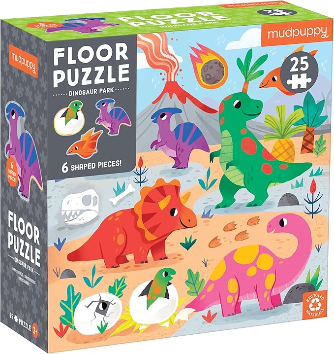 Mudpuppy’s Dinosaur Park 25 Piece Floor Puzzle, Features 25 Colorful, Oversized Pieces, Includes 6 Special Shaped Pieces of Your Favorite Dinos, Perfect for Kids Ages 2+, Great Gift Idea!