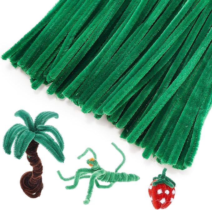 Caydo 200 Pieces Dark Green Pipe Cleaners Craft for Easter Decoration, Fluffy Chenille Stems Bulk for Kids Art Craft Projects, 12 Inch x 6 mm