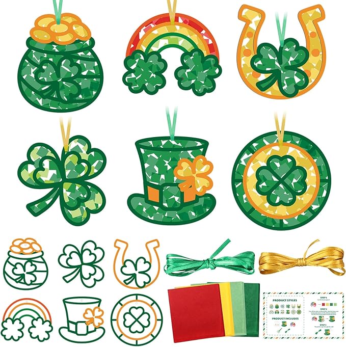 Feifeiya 24 Sets St. Patrick's Day Suncatchers Craft Kit for Kids DIY Shamrock Tissue Paper Sign Art Craft Kit Gift for Irish Saint Patrick Classroom Game Activities March Holiday Party Decor
