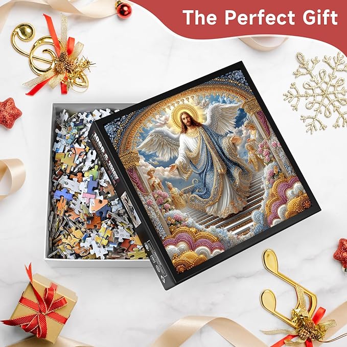 Divine Angel Jesus 1000 Piece Jigsaw Puzzle for Adults - Inspirational Christian Scene with Wings & Flowers, Poster & Lettered Back, 22.8" Square HD Quality, Unique Gift for Believers